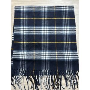V Fraas Plaid Scarf Blue‎ Yellow White Acrylic Fringe Made in Germany